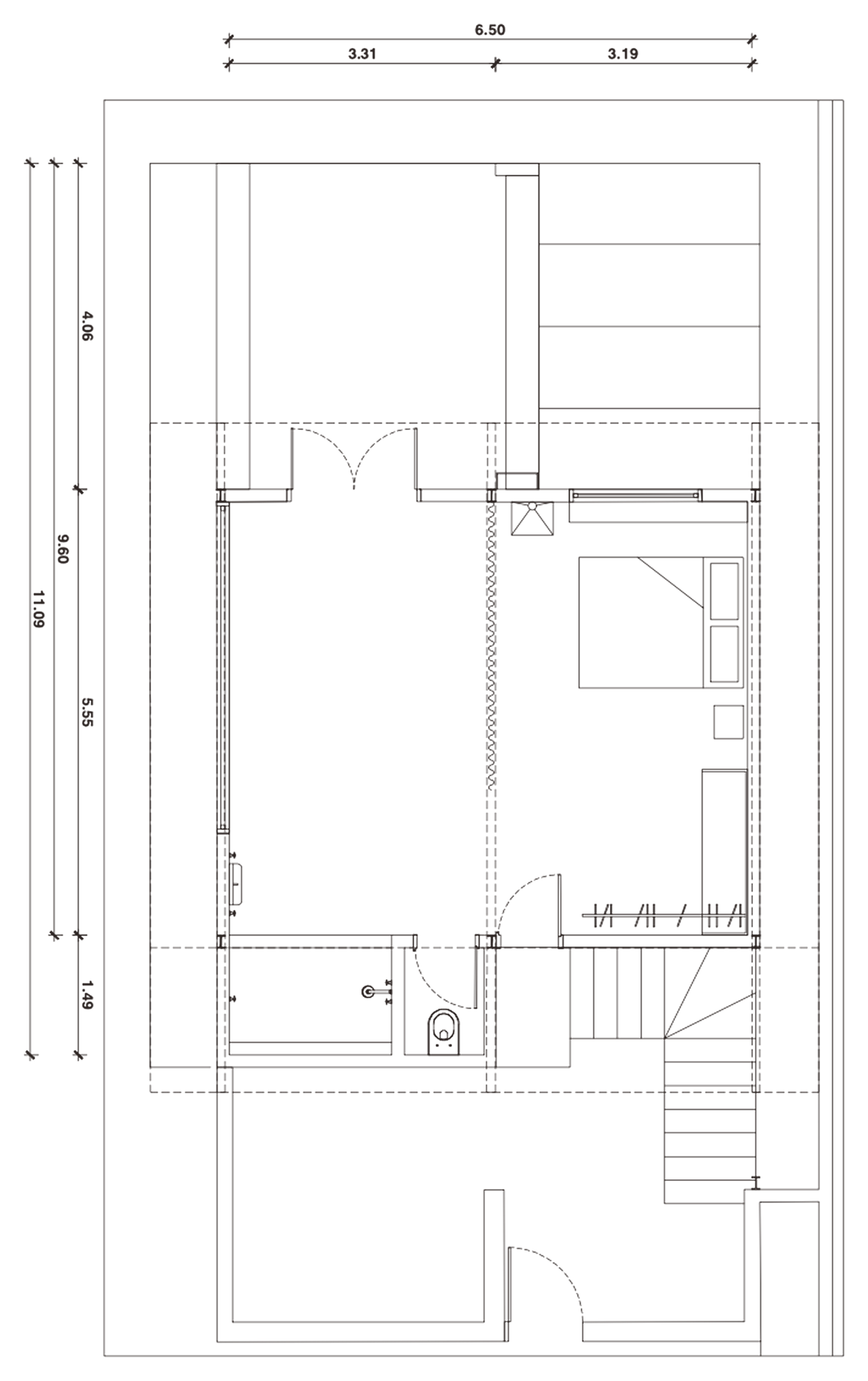 Planta do pavimento superior da casa acaso: quarto e banheiro.