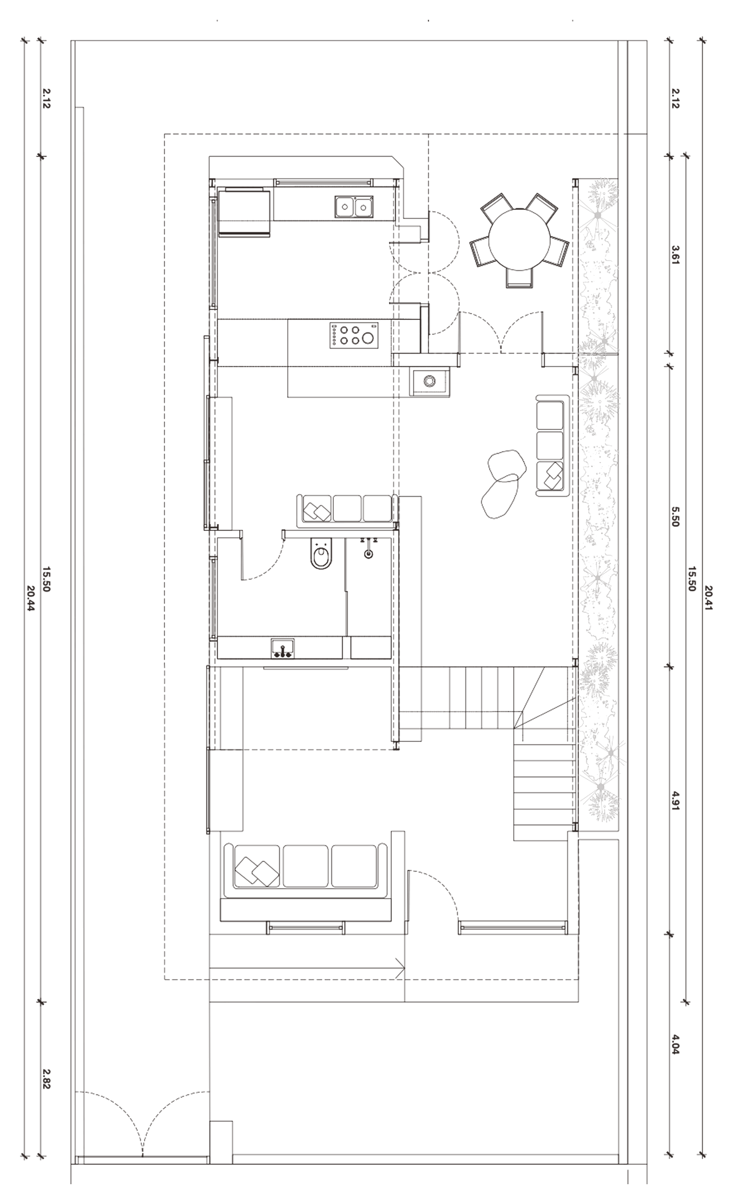 Planta do pavimento térreo da casa acaso: cozinha, sala de jantar e estar.
